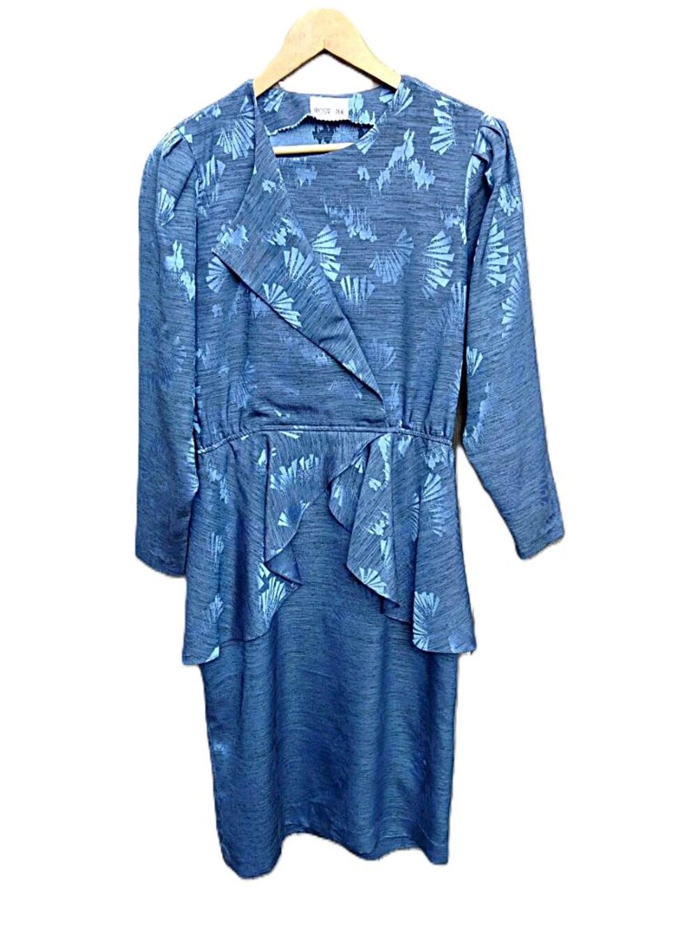 Vintage 80s Blue Secretary Dress with Peplum Waist and Long Sleeves S/M